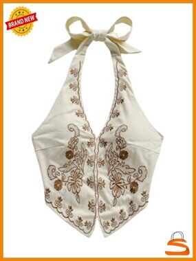 Boho Floral Halter Crop Top Tie Backless Embroidery Tank